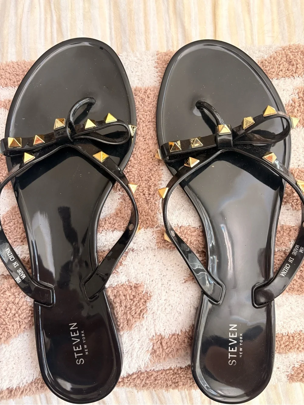 Steven By Steve Madden Black Patent Bow Sandals with Gold Studs